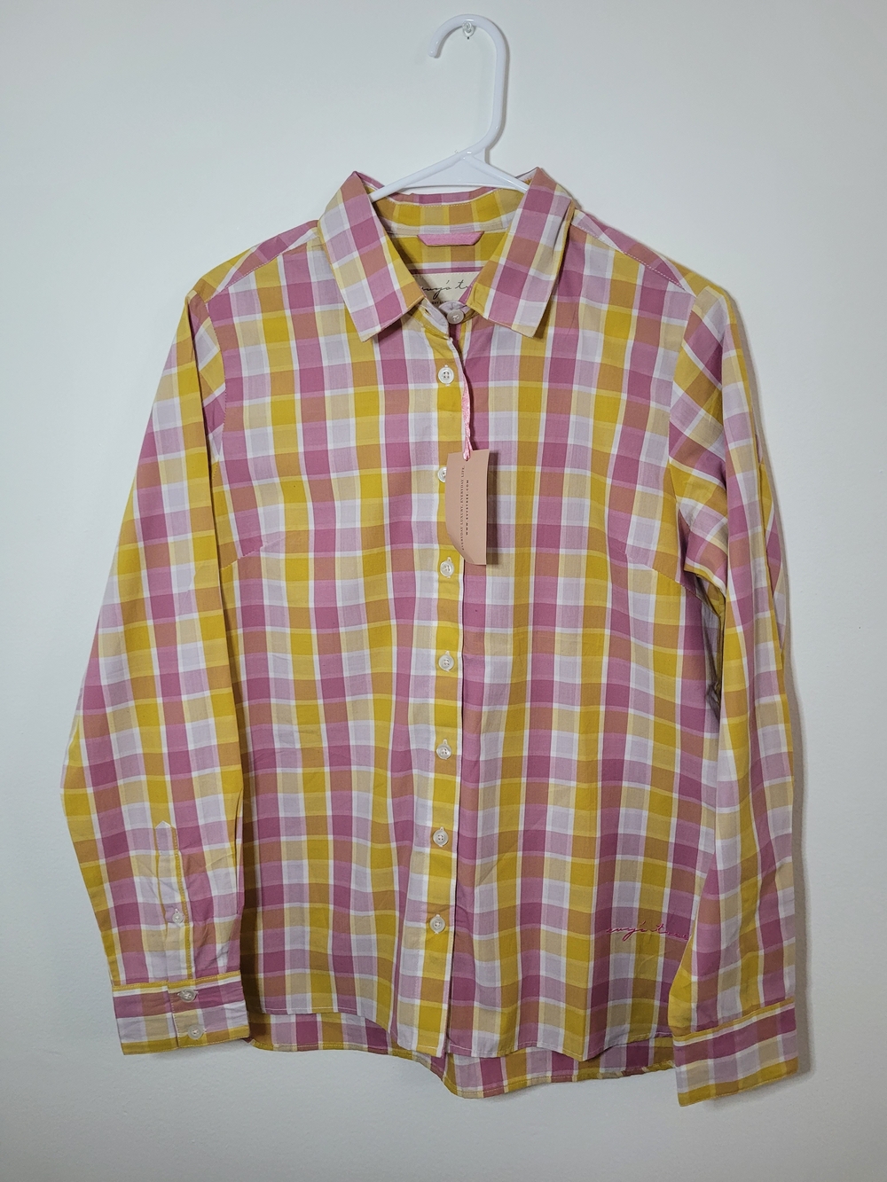 Evy's Tree The Amy Shirt Pink Yellow Long Sleeve Button Up Cotton Shirt Size M